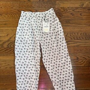 Zara White Pants with Pink & Green Floral Pattern